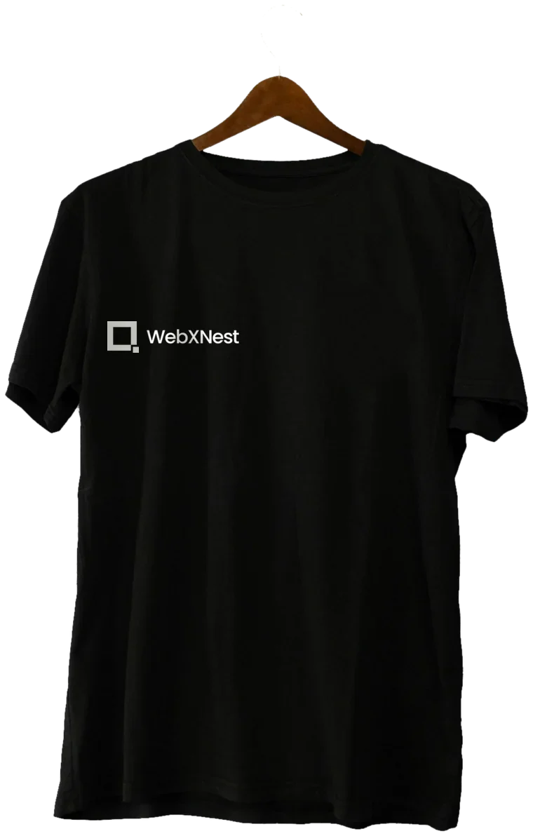A white T-shirt with the WebXNest logo on the chest.