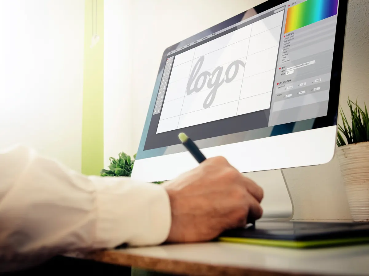 A designer drawing a logo on a tablet beside a big screen.